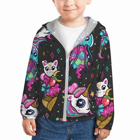 

Qekee Cat Icecream Print UPF 50+ Kids Sun-Protective Hooded Long Sleeve Rash Guard for Fishing Water Beach Sports -5 Years