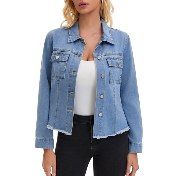 INSPIRE CHIC Women's Denim Shirt Shacket Long Sleeve Frayed Hem Button Down Jean Jacket XL Blue