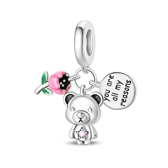 KUNSIR 925 Sterling Silver Charm Rose & Bear Dangle Charm For Bracelet DIY Charm