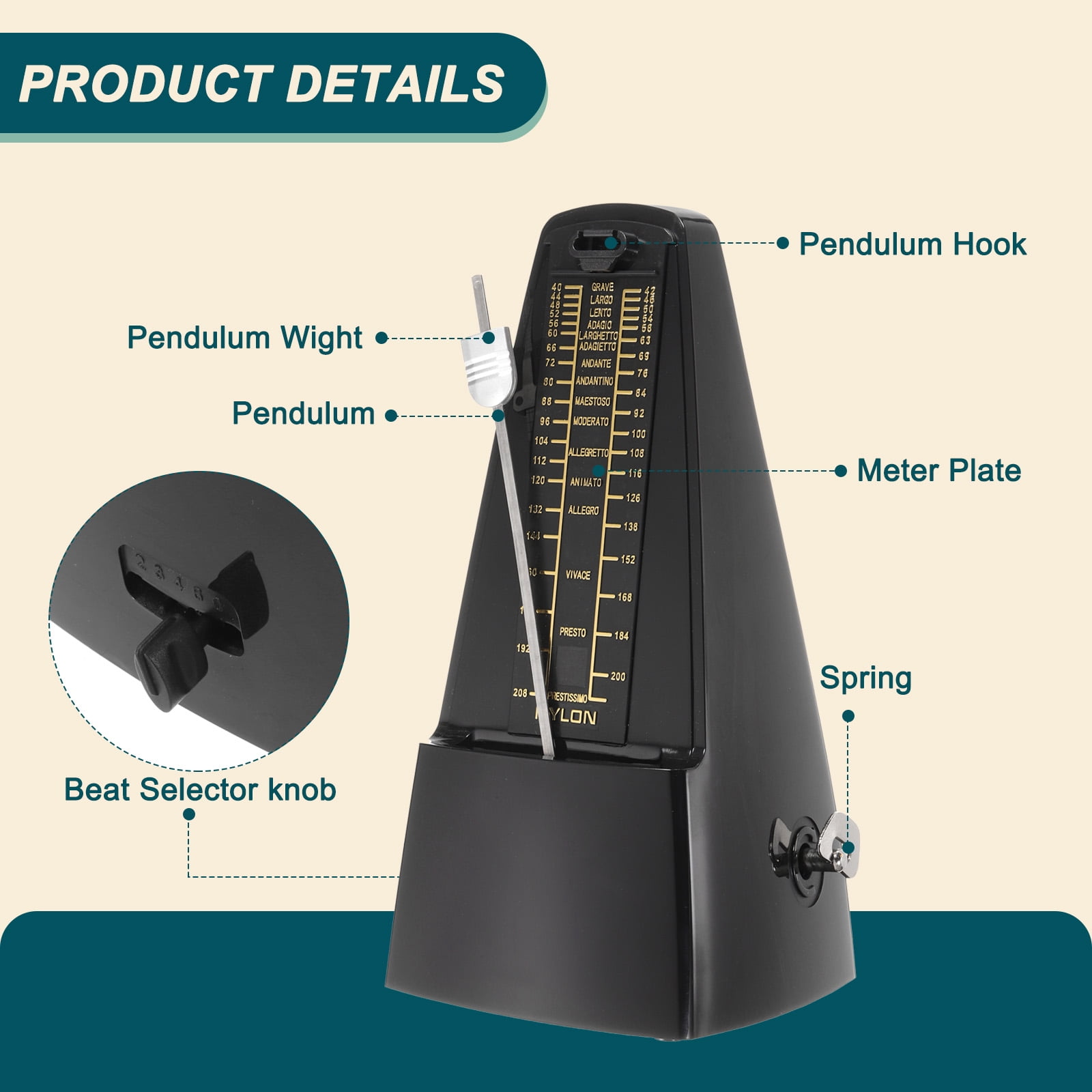 Uxcell Mechanical Metronome High Accuracy Musical Timer Universal Metronome for Piano Guitar Violin Ukulele Player Black