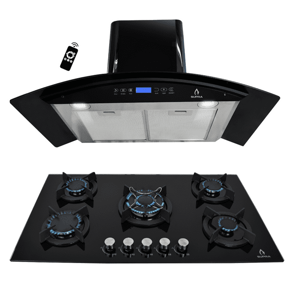 Combo parrilla empotrable y Campana SUPRA BELLAGIO de cristal templado color negro gas LP y gas natural 5 quemadores