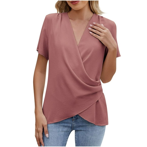 Yuyuzo Blouses for Women Dressy Casual Short Sleeve Business Top Wrap V Neck Office Work Top