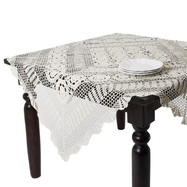 SARO 869.E45S 45 in. Square Handmade Crochet Cotton Lace Table Linens - Ecru