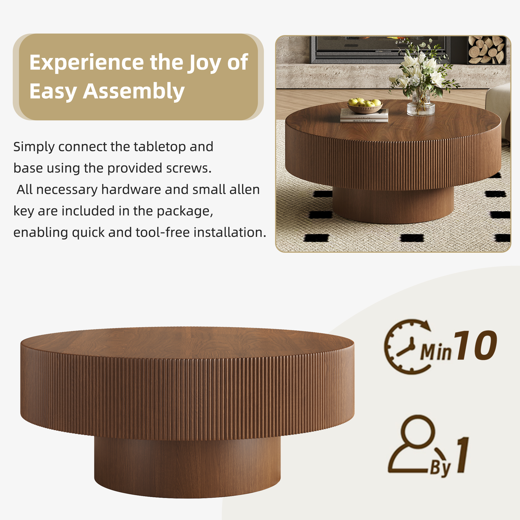 Euroco Elegant Easy Assembly Round Coffee Table with 6.8" Thick Tabletop, Modern Drum End Table, Minimalist Fluted Center Table with Sturdy Base for Living Room, Walnut, 31.5"W*13.7"H