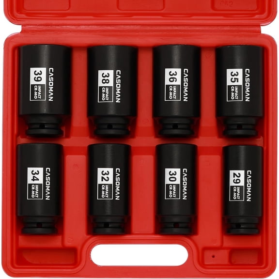 CASOMAN 8-Piece 1/2" Drive Deep Impact Socket Set,12 Point, Metric, CR-MO, 29,30 32 34 35,36,38,39mm, Heavy Duty Impact Socket Set