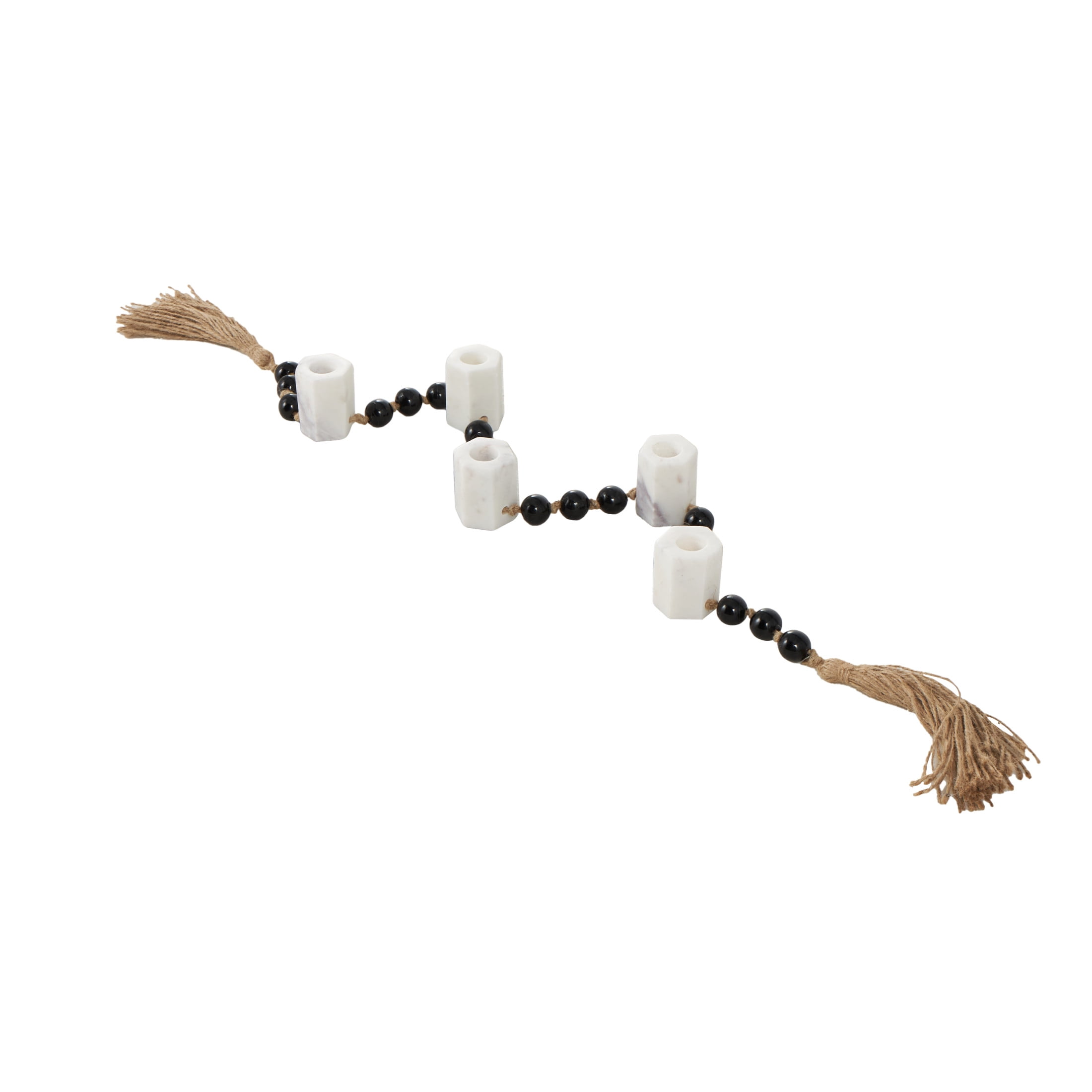 DecMode 5 Candle White Marble Hexagon Garland Candle Holder with Brown Tassel and Black Beads