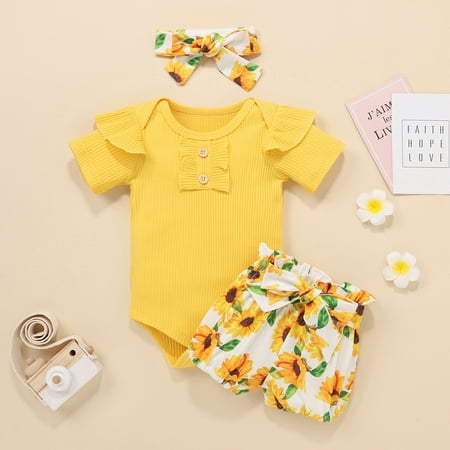 

AURIGATE Newborn Baby Girls Solid Ribbed Romper+Floral Bow Shorts+Headbands Outfits Set Clearance