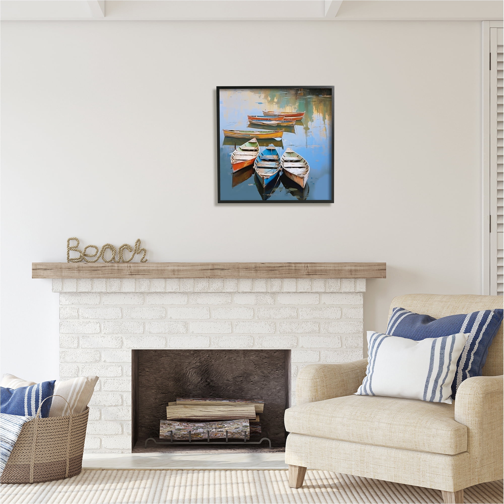 Stupell Industries Canoe Reflections in Lake Transportation Painting Black Framed Art Print Wall Art, 24 x 24