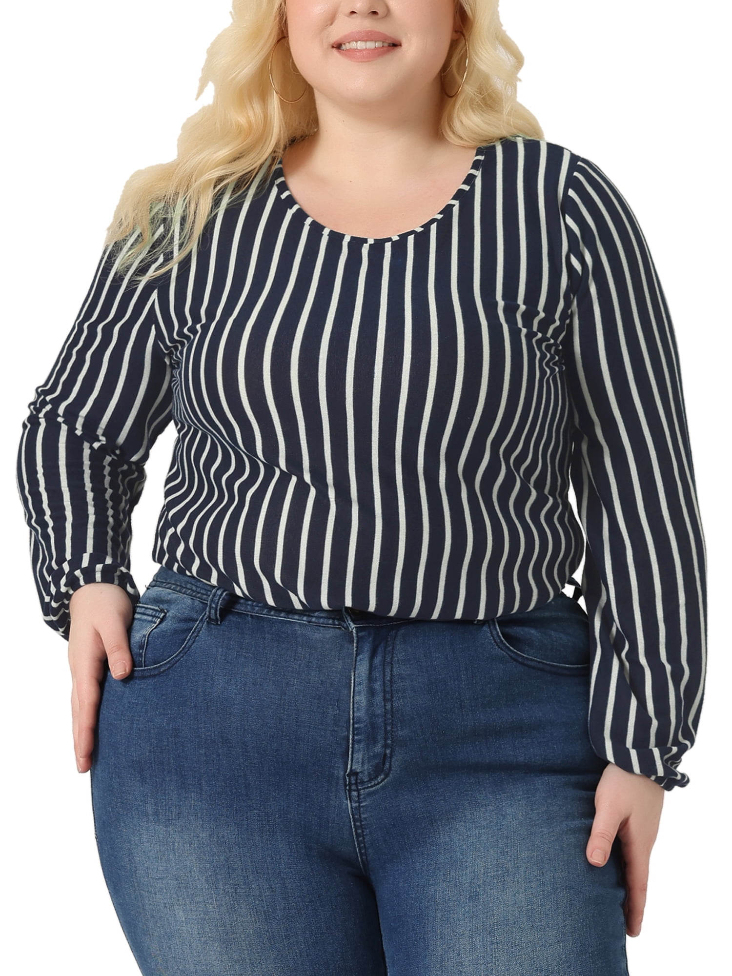 Unique Bargains Women's Plus Stripe Round Neck Elastic Cuff Long Sleeve Tops 2X Navy Blue