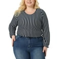 thumbnail image 2 of Unique Bargains Women's Plus Stripe Round Neck Elastic Cuff Long Sleeve Tops 4X Navy Blue, 2 of 6