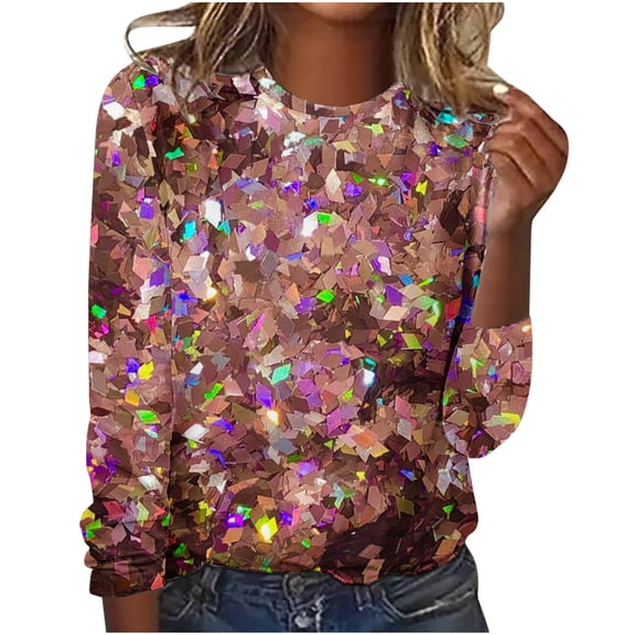 Women's Crew Neck Tunic Tops Fashion Sequin Printed Casual Long Sleeve Pullover Tee Spring Glittery Party Club Shirts(Multicolor,XL)