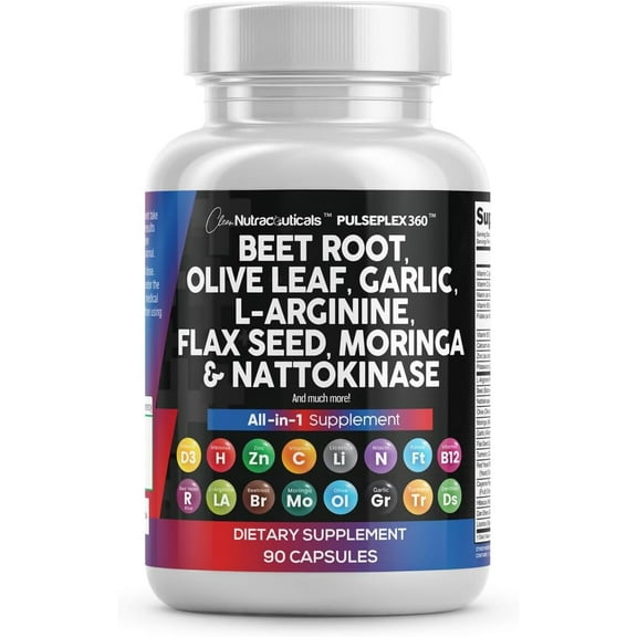 Clean Nutraceuticals Beet Root Capsules Olive Leaf Nattokinase Garlic Extract L-Arginine Omega 3 Red Yeast Rice Hibiscus Danshen - Healthy Support Supplement - 90 Ct