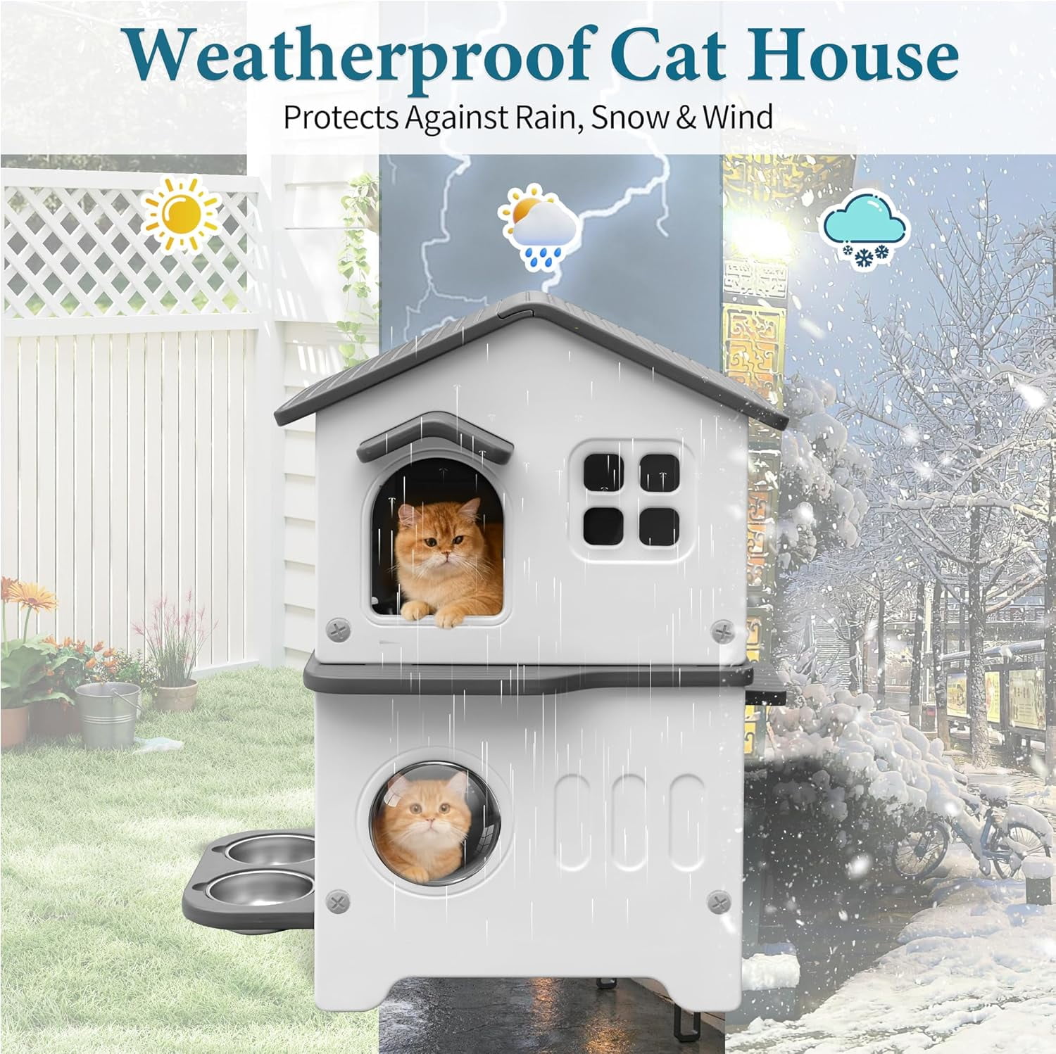 Outdoor Cat House, 2-Story Waterproof Cat House for Outdoor Cats with Escape Door, Elevated Feral Cat House Indoor, Sturdy Stainless Steel Bowl & Scratching Post, Clean Easily