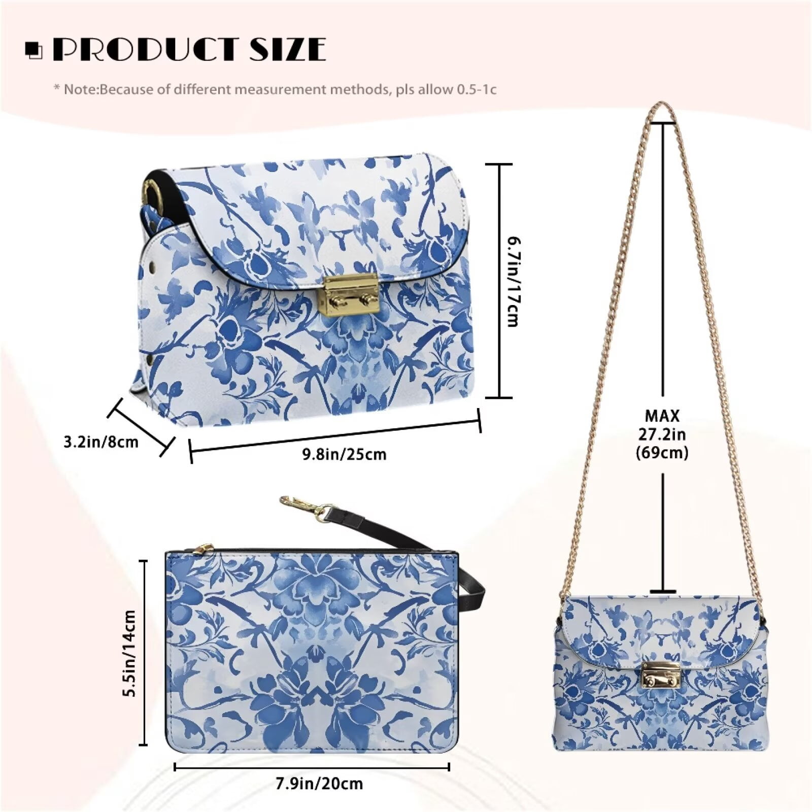 Pzuqiu Blue Flower Crossbody Bags Leather Women Versatile Soft Trendy Small Leather Crossbody Bags for Women with Chain Strap Fashion Craftsmanship for Daily Use