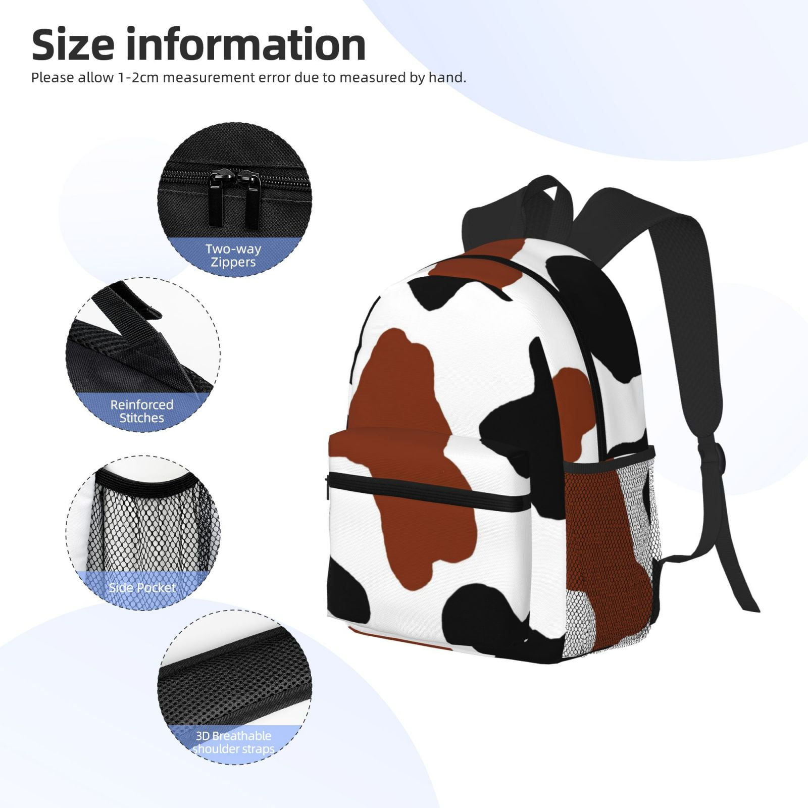 Vsdgher Brown Black Cow Print Unisex Large Capacity Bookbag Schoolbag Casual Daypack for High School/College/Teens/Travel/Work