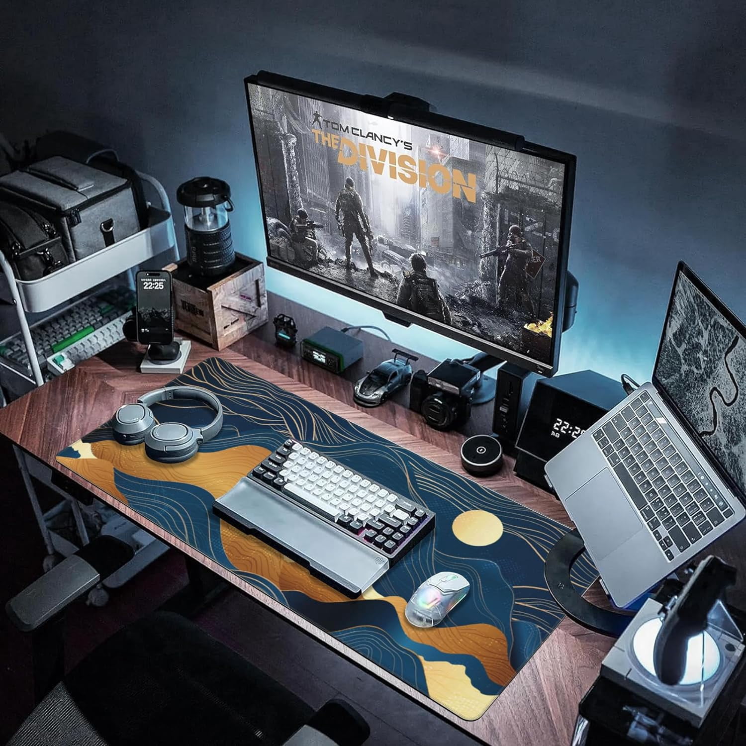 Desk Pad, Night Moon and Golden Mountains Extended Large Gaming Mouse Pad for Desk XXL, Large Desk Mat for Desktop with Non-Slip Rubber Base Stitched Edges for Home Office Desk 35.4"X15.7"