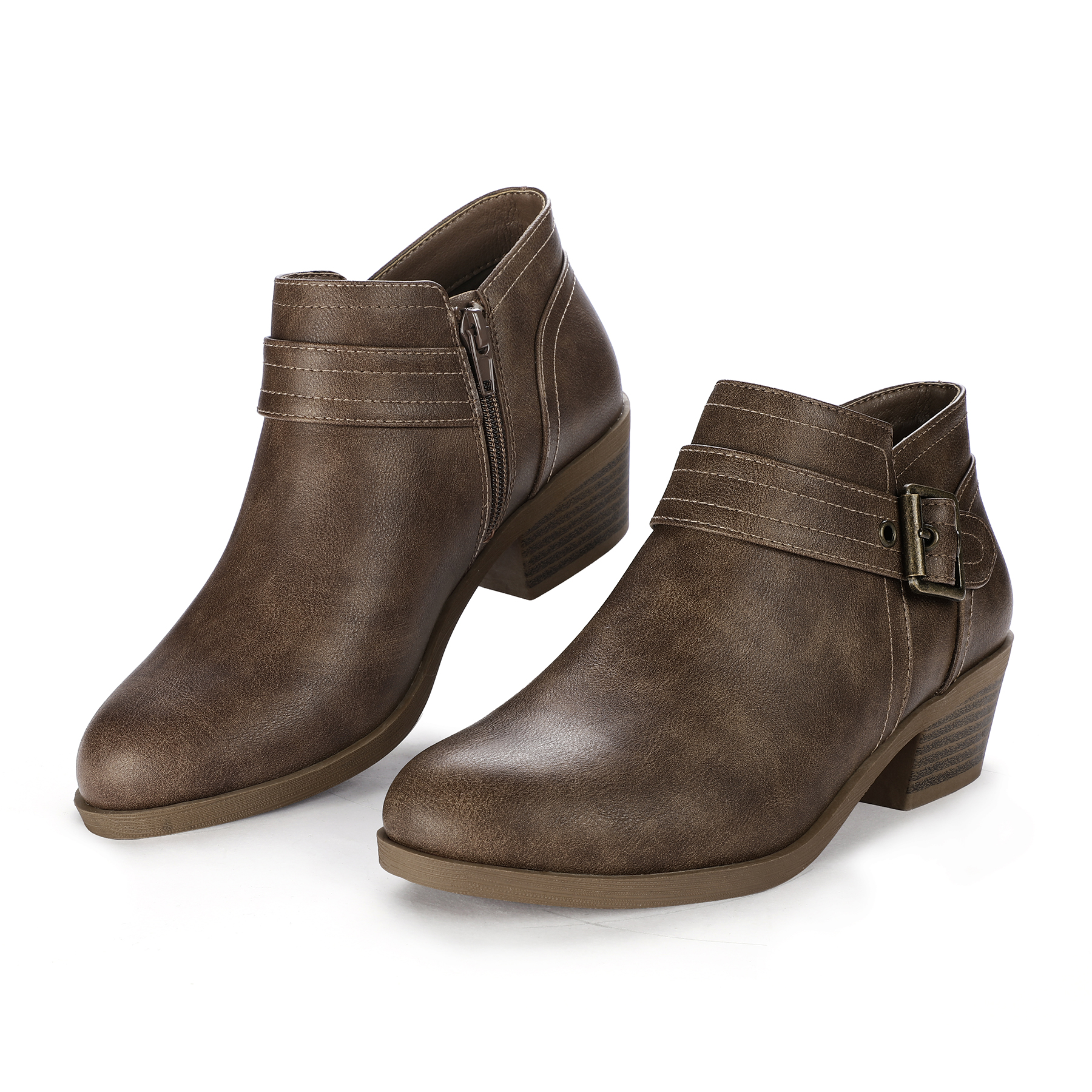 Pennysue Women Low Chunky Stacked Heel Boots Taupe Pu Side Zipper Ankle Booties 8.5M