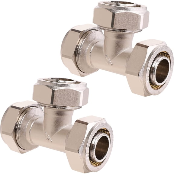 2 PCS 3/4-inch Tee Air Line Fittings for 3/4-Inch Air Line Compatible with Shop Air Line Kit 3/4 inch,Brass-Nickel Plated, Air Line Fittings for Shop Garage Compressed Air Line System