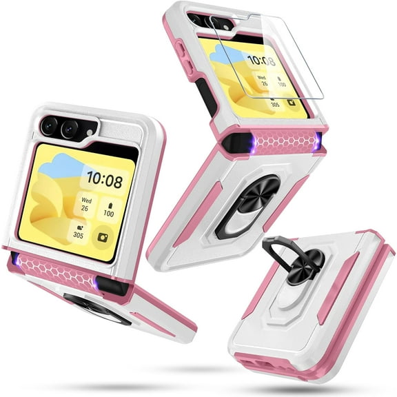 for Samsung Galaxy Z Flip 5 Case Built in Front Screen Protector Hinge Protection Finger Ring Metal Kickstand,Heavy Duty Shockproof Full Body Protective Cover,2023 White