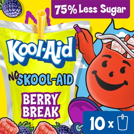 Kool-Aid No Skool-Aid Artificially Flavored Drink, 10 Pouches, for School Lunches and On-the-Go Hydration, Berry Break Artificially Flavored, Excellent Source of Vitamin C, 6 fl oz