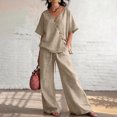 thumbnail image 3 of Women's 2 Piece Cotton Linen Set, V-Neck Short Sleeve Button Top & Drawstring Wide Leg Pants, Casual Summer Loungewear Outfit with Pockets, Loose Fit,Beige,L, 3 of 5