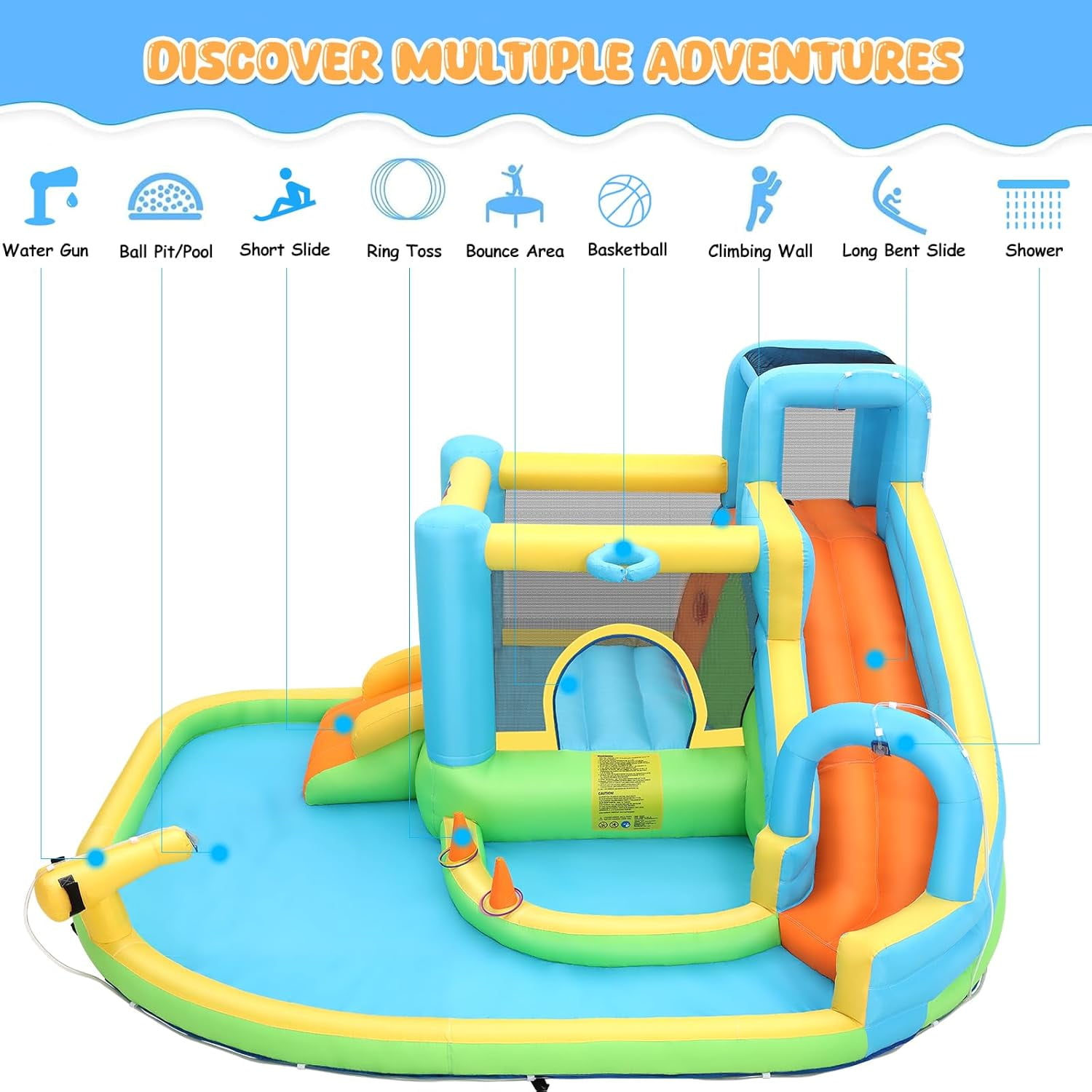 Veeboto Inflatable Water Slide for 3-12 Years, Bounce House with Climbing Wall, Ball Pool, Water Guns, Basketball Hoop, Hoop Game, Indoor/Outdoor Kids Bouncy Castle with Blower