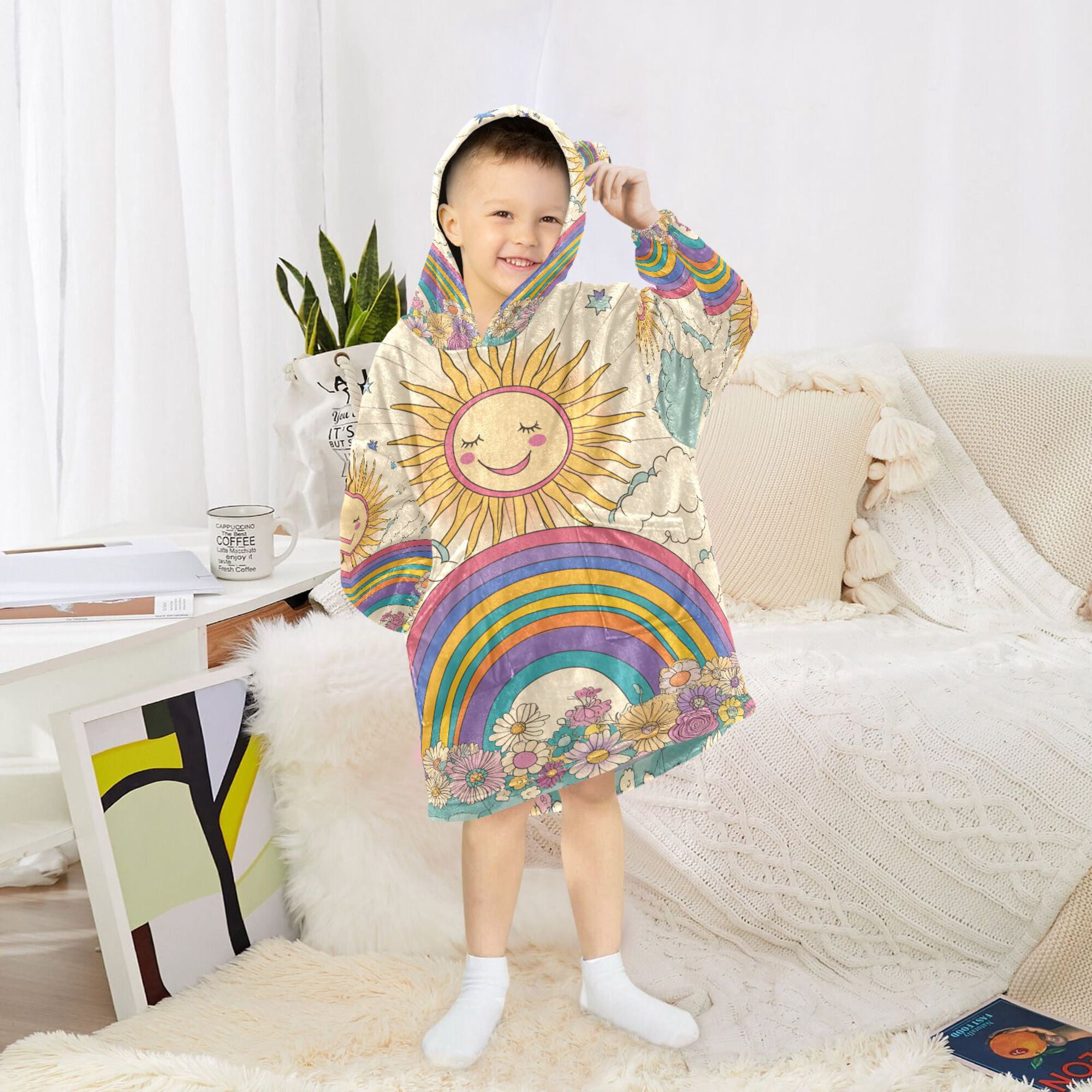 FORMRS Wearable Blanket Hoodie with Sleeves for Kids Cozy Flannel Sweatshirt, Beige Rainbow