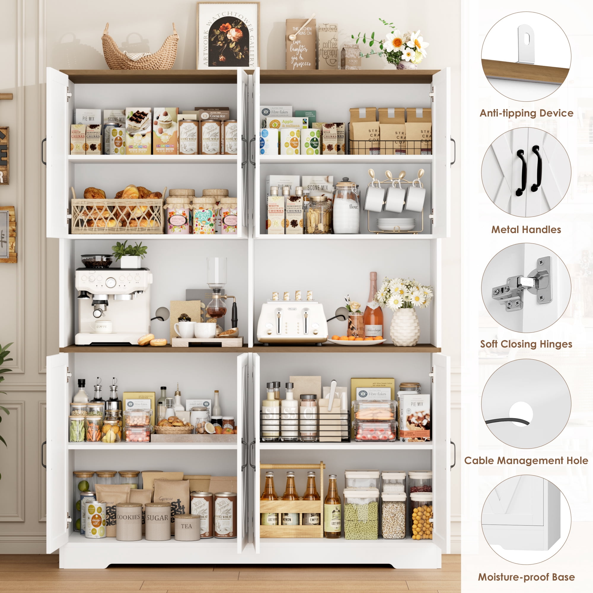 Homfa 71'' Tall Pantry Cabinet with Hutch, Large Kitchen Storage Cabinet with Microwave Stand & Doors for Dining Room Living Room, White