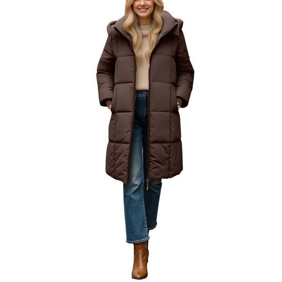 Winter Coats for Women, Comdrip Women's Long Puffer Stand Collar Zip Baggy Down Coats with Side Outwear Puffer Coat Women Coffee L