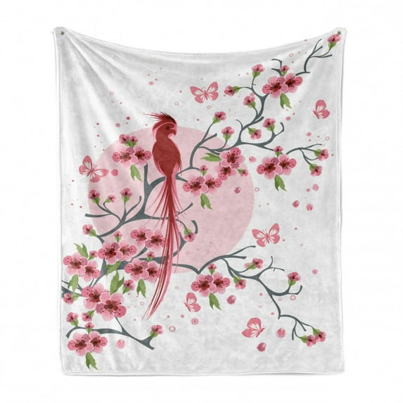 Japanese Soft Flannel Fleece Throw Blanket, Mythical Long Lived Phoenix Bird on Floral Sakura Branch Looking Back Artwork, Cozy Plush for Indoor and Outdoor Use, 50" x 60", Pink, by Ambesonne
