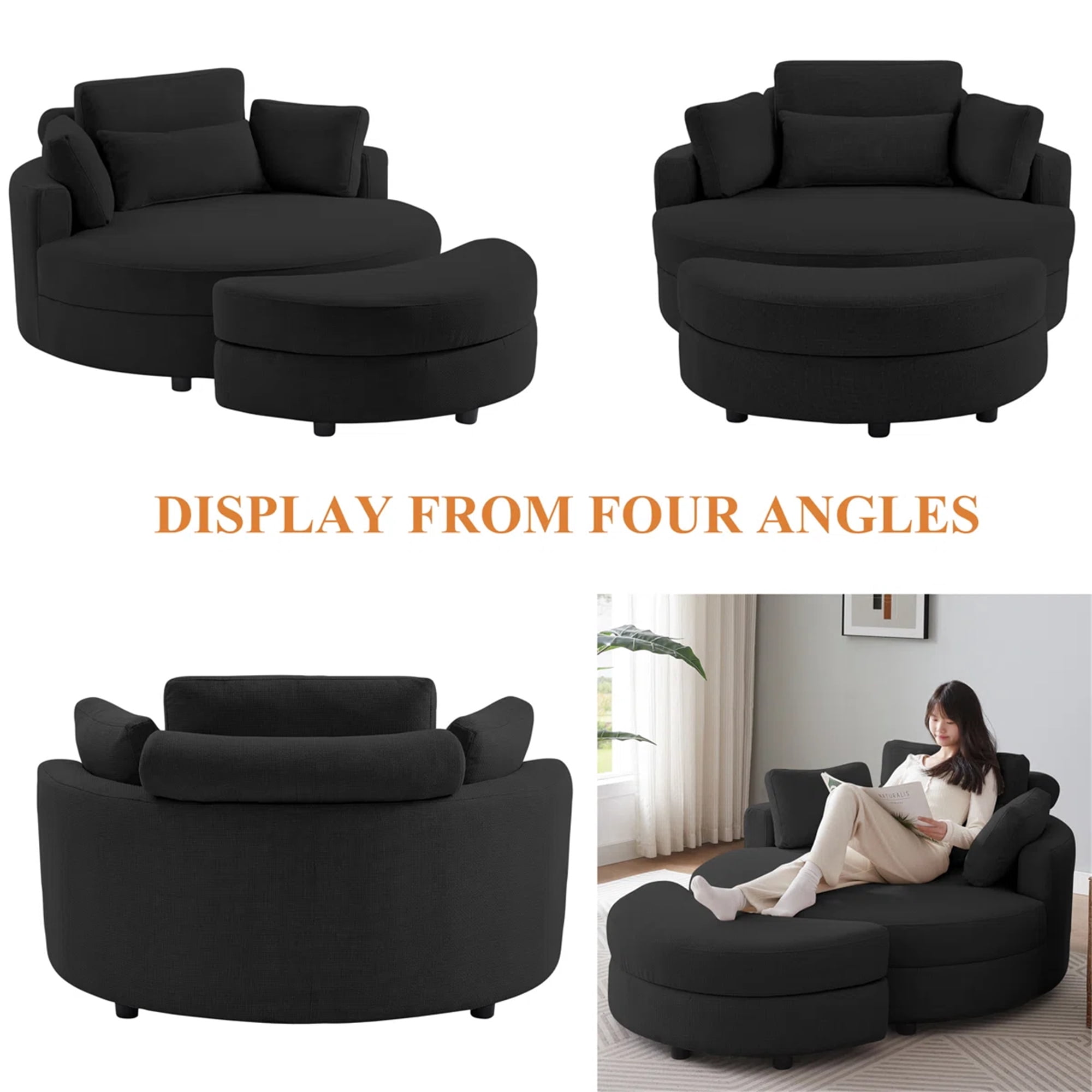 Aukfa 51"W Oversized Barrel Chair Accent Chair with Ottoman for Living Room Bedroom, Linen, Black
