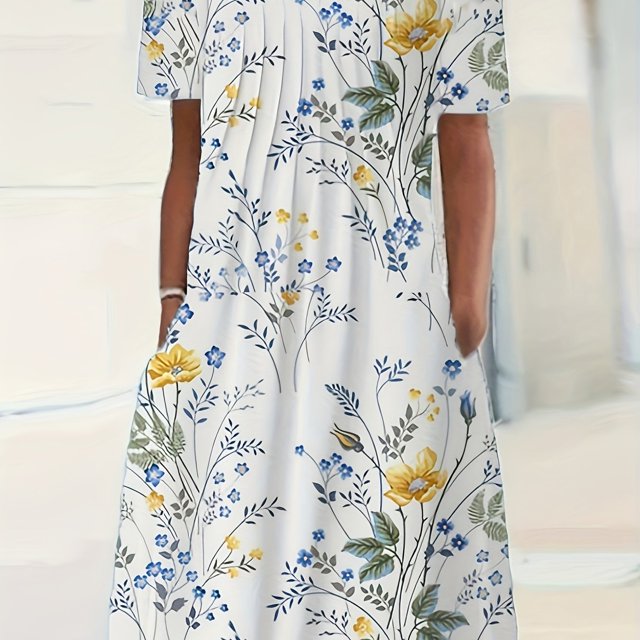 Vestido Estampado Completo Con Pliegues, Vestido Casual De Cuello Redondo Y Manga Corta, Ropa De Mujer