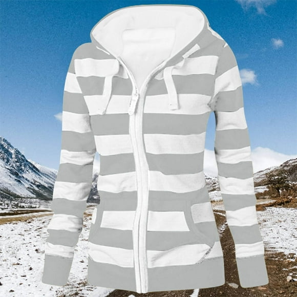 Sentmoon Zipper Sweatshirt for Women Long Sleeve Oversized Coats for Women,Hoodie Pockets Winter Jackets for Women Loose Fit Coats Stripped Gray S Up to 50% off