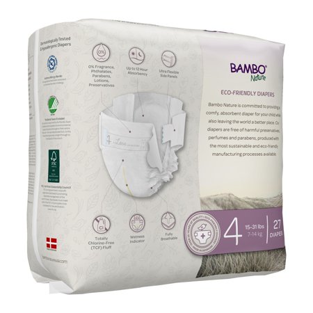Bambo Nature Diapers, Disposable Baby Diapers, Skin-Friendly, Size 4, 15-31 lbs, 27 Count, 1 Pack