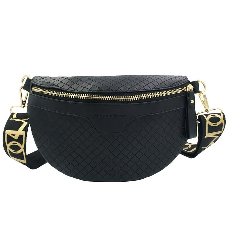 Thick Chain Women's Fanny Pack Plaid leather Waist Bag Shoulder Crossbody  Chest Bags Luxury Designer Handbags Female Belt Bag (Blue)