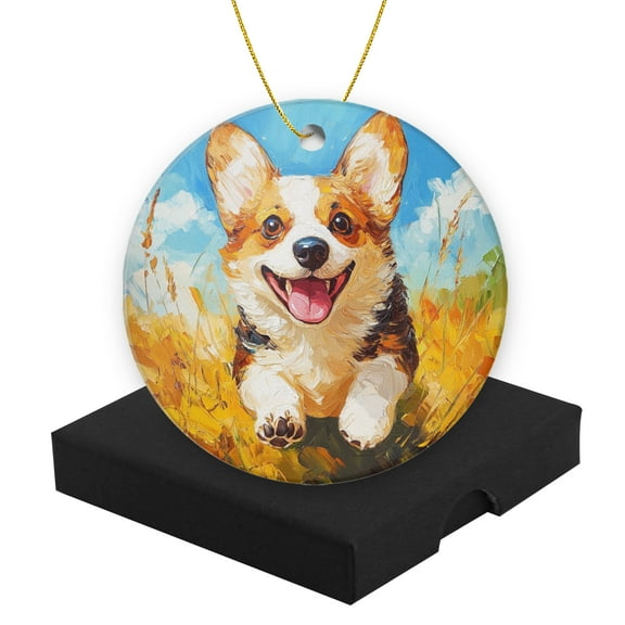 Round Christmas Ornament Ceramic Keepsake Holiday Christmas Decoration 2.95in - Smiling Corgis on The Grass