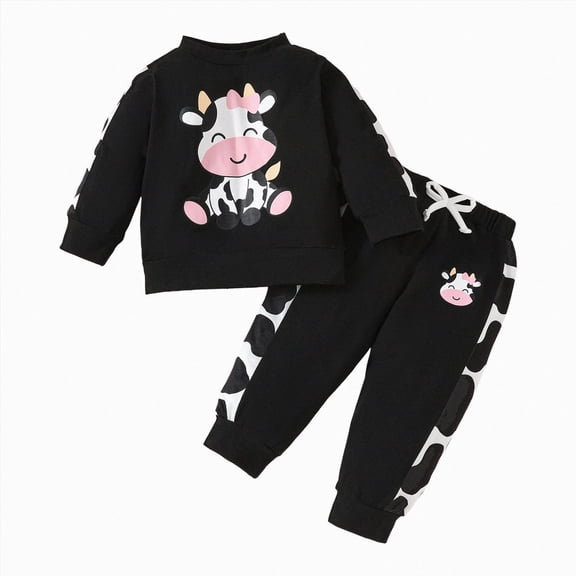 mgoYE Baby Girl Fall Clothes Toddler Sweatsuit Cow Print Long Sleeve Sweatshirt Top and Sweatpants Set Baby Girl Clothing(Black,9-12 Months)