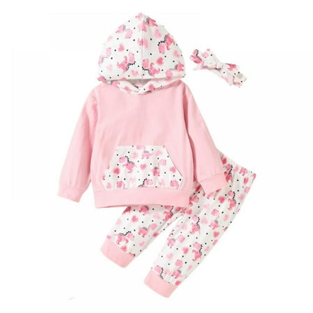 

Baby Girl Clothes Long Sleeve Floral Hoodie Sweatshirt Pants with Pocket Headband Outfit Sets
