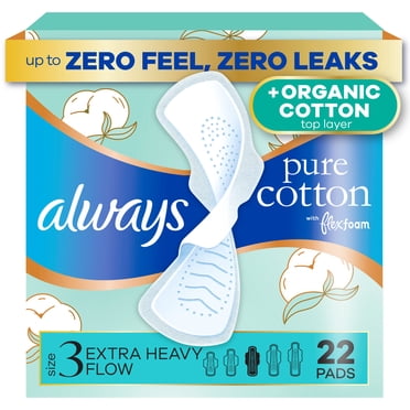 Always Pure Cotton Pads with Organic Top Layer, Size 3 Pads with Wings, Heavy Absorbency, 22 Count