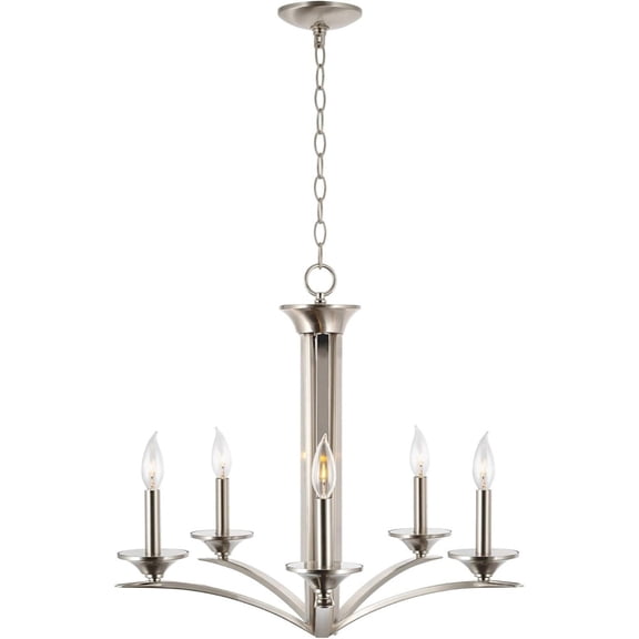 25" Contemporary 5-Light Candle Chandelier Lighting Fixture, Adjustable Hanging Height, Brushed Nickel Finish