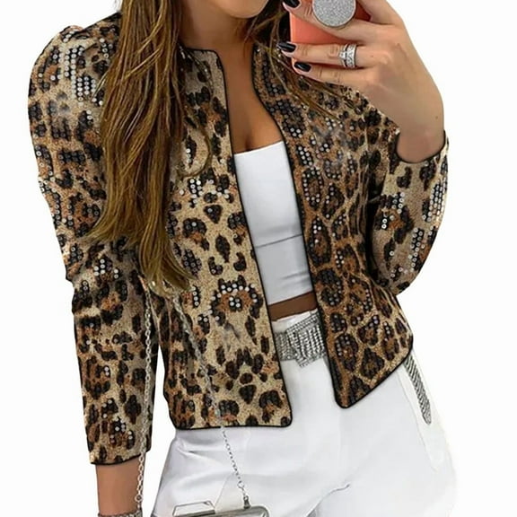 Women'S Cheetah Print Blazer Leopard Jacket Long Sleeve Suit Work Jacket Brown M