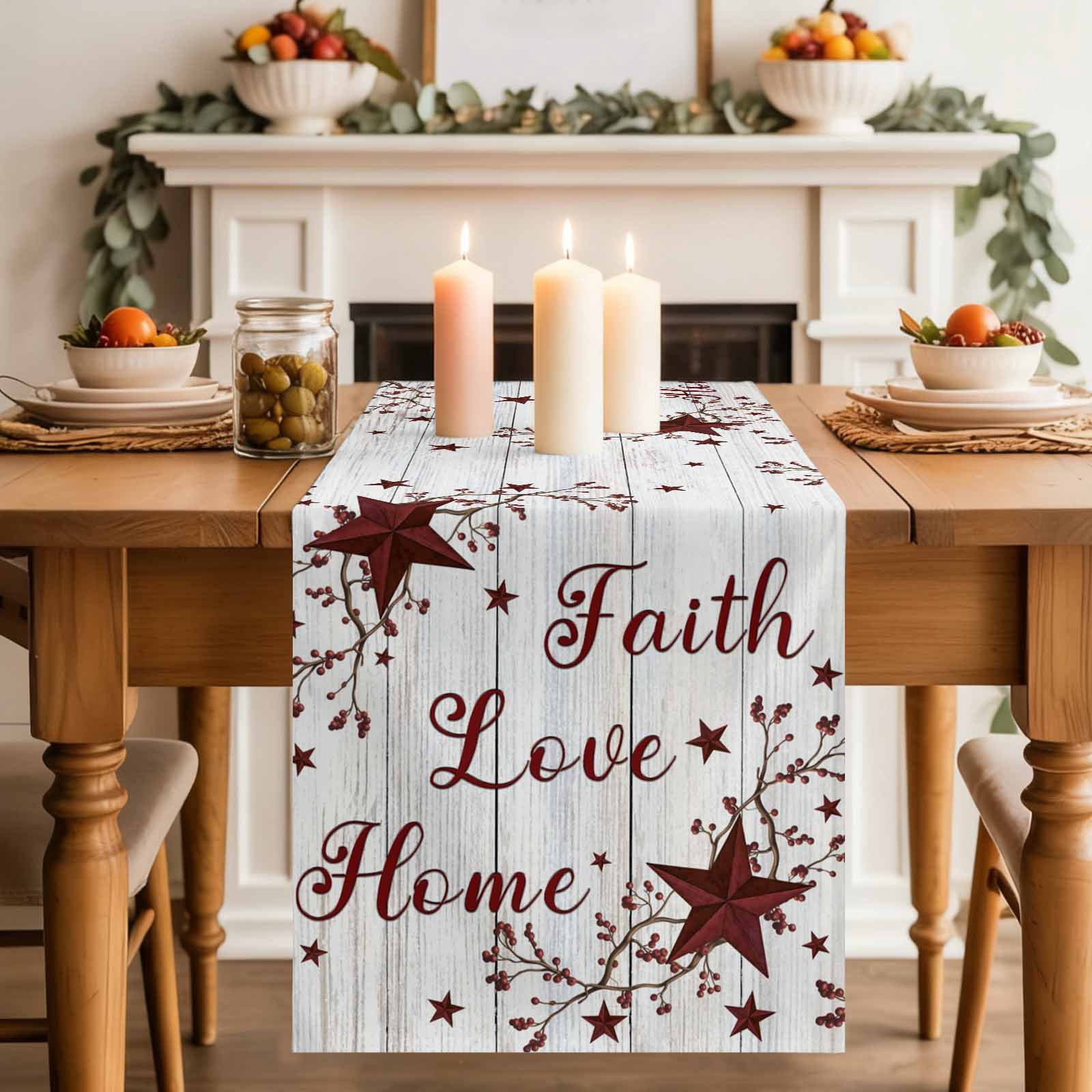 Retro Red Country Stars Table Runner, Faith Love Home Berries White Wood Striped Cotton Linen Kitchen Table Decoration Washable Dining Tabletop Runners for Home Party Decor 18x72 Inches