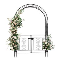 IVV 7FT Garden Arch Arbor with Entry Door, Heavy Duty Metal Arbour Archway, Decorative Frame Stand Trellis with Ground Stakes for Wedding Ceremony Party Plant Climbing Rose Vines Lawn