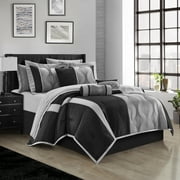 Lanco Elegant Black and Silver Comforter Set, 15 Piece Room-in-A-Bag, Queen Size , Striped Jacquard Bedding Set, All Season, Matching Decorative Pillows, Pillow Sham , Curtains