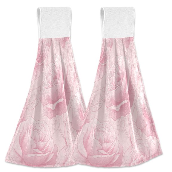 Soft Pink Roses with Leaves Hanging Towels with Loop Hand Towels Nylon Fastener Tape Design Dish Cloths 2 Pcs