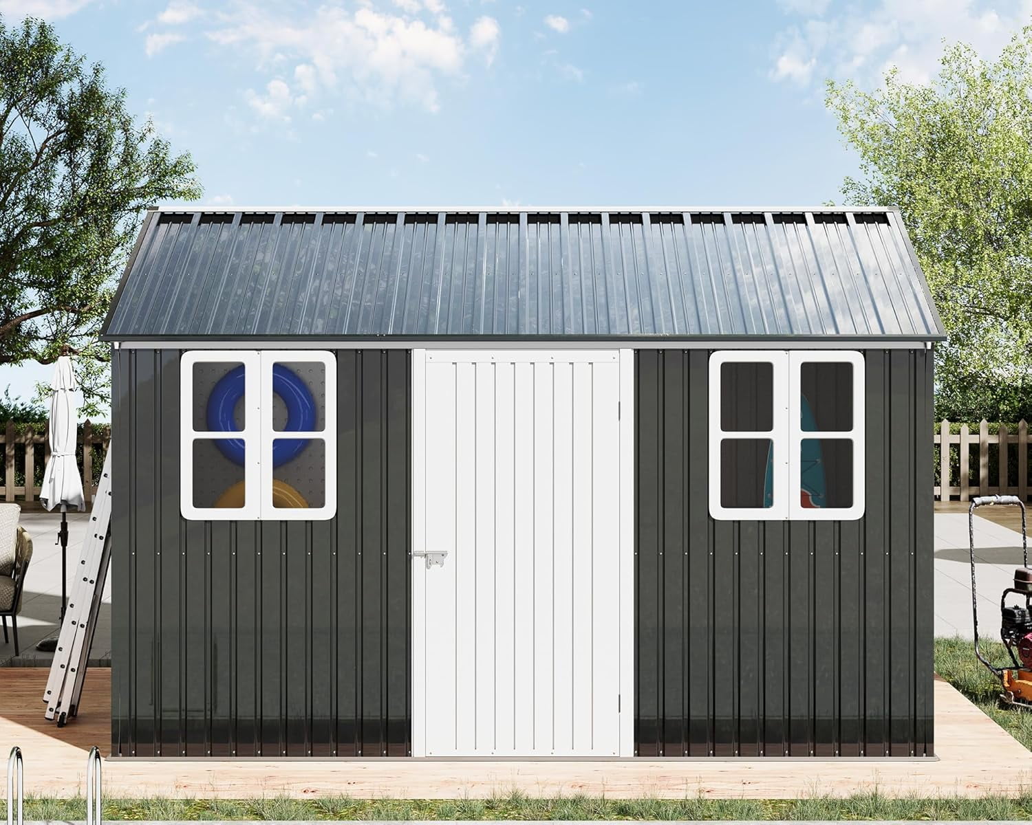 Jocisland 12x10.3x8.2 ft Galvanized Steel Outdoor Storage Shed with Two 4-Pane Windows Lockable Door, for Backyard, Garden, Patio, Dark Grey/White