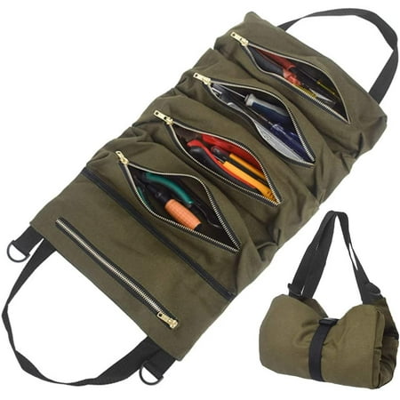 

Tool Bag With 5 Zippered Pockets Portable Canvas Tool Bag Tool Roll Auto Organizer Tool For Electrician Plumber Or Mechanic (Army Green)