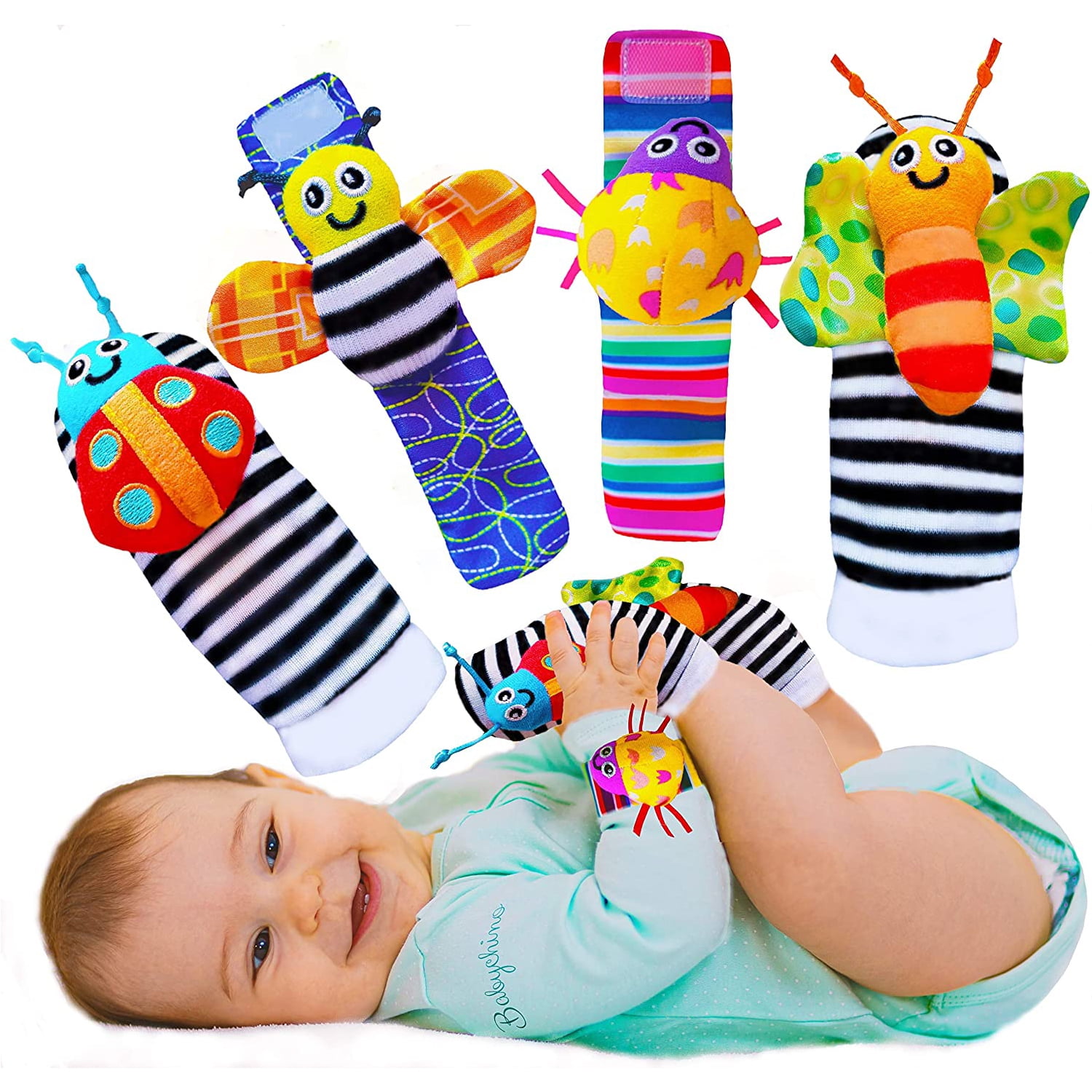 4pcs Baby Development Intelligence Hand Wrist Bell Foot Sock Rattles Bauble 