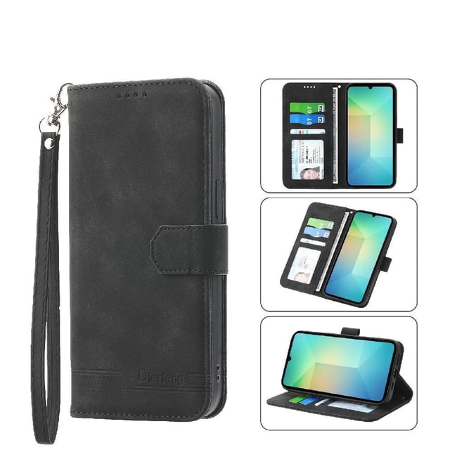 Funda Tipo Billetera para Samsung Galaxy A07 Carcasa Abatible con Porta Tarjetas, Bolsillo para Efectivo, Soporte Ajustable, Cierre Magnético y Correa de Muñeca Negro