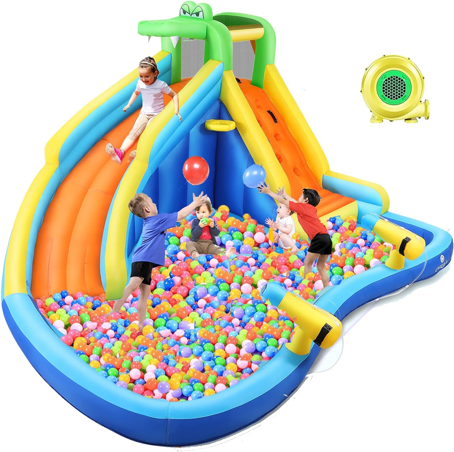 Qhomic Inflatable Water Slide with Spray Pool, 2 Water Guns, Climbing Wall, Basketball Hoop, and Inflatable Bounce House with UL Air Blower, (Gift for Kids), Polyester, Child, Teen, Toddler